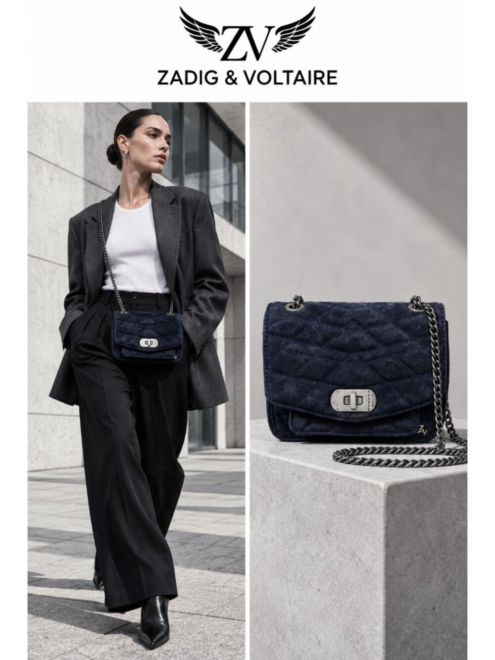 Zadig & Voltaire Navy Blue Quilted Suede Mini Chain Crossbody Bag